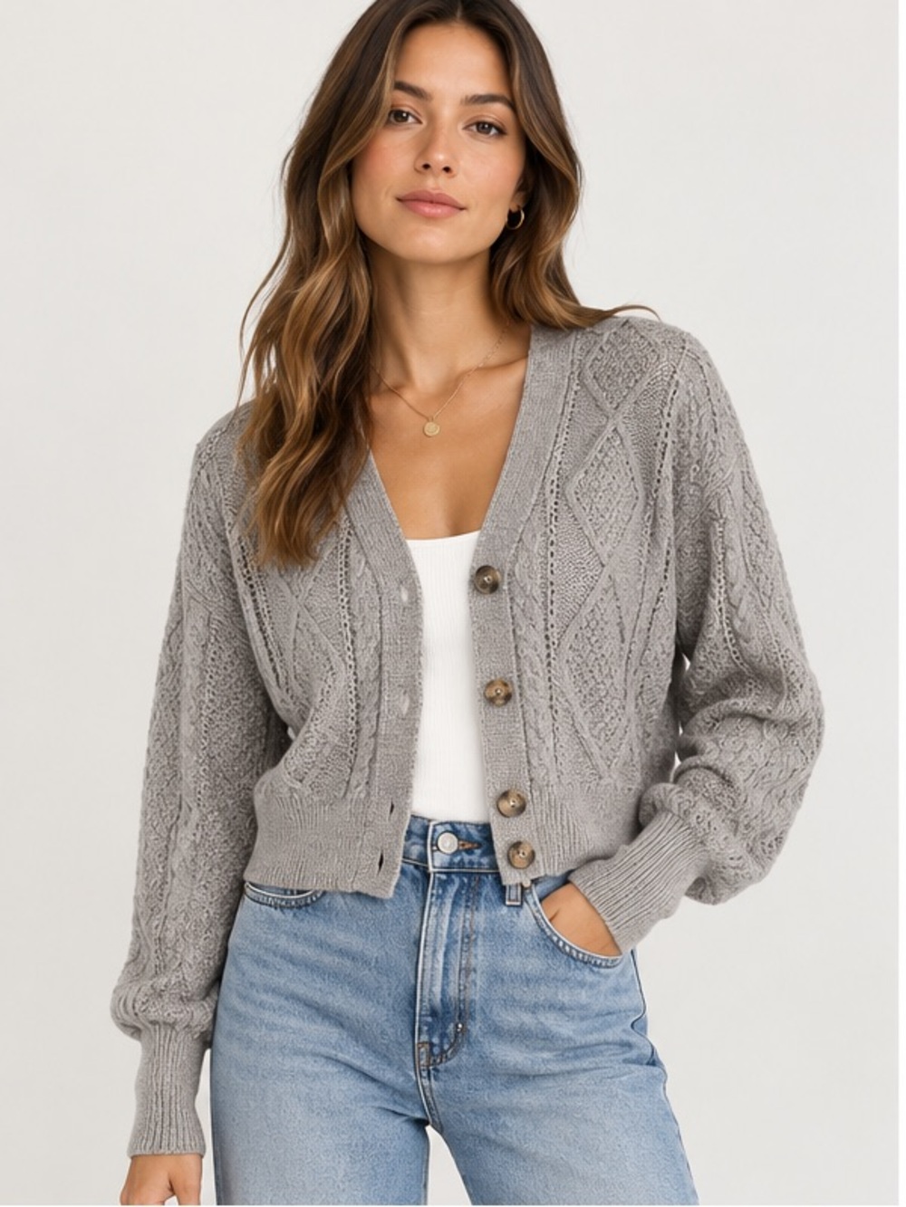 Rachel Zoe Gray Cable Knit Button-Front Cardigan